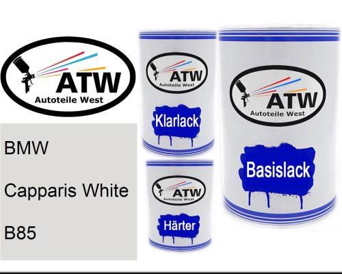 BMW, Capparis White, B85: 500ml Lackdose + 500ml Klarlack + 250ml Härter - Set, von ATW Autoteile West.